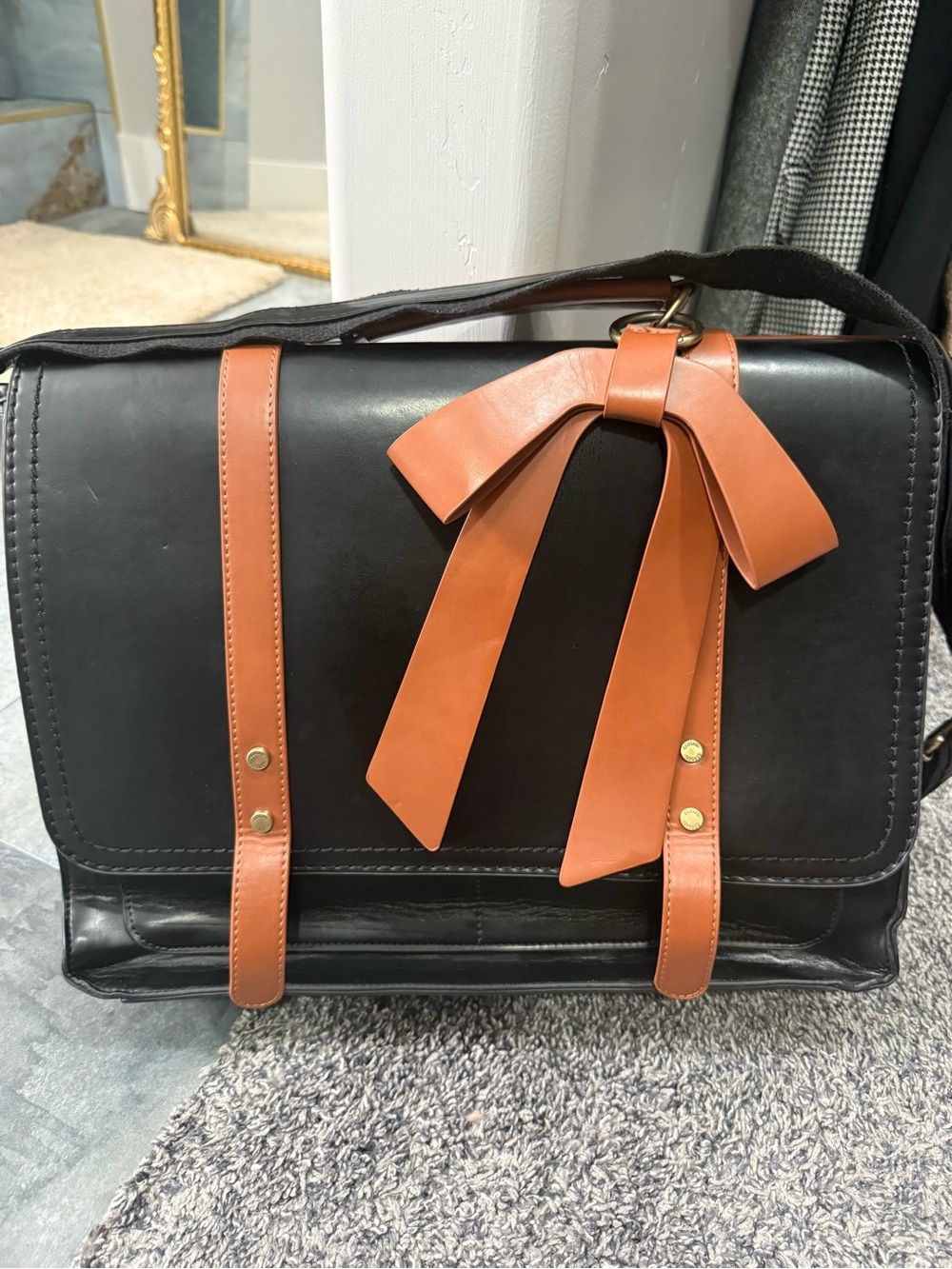 EcoSusi Classic Black Leather Briefcase Messenger Bag with Tan Accent Bow